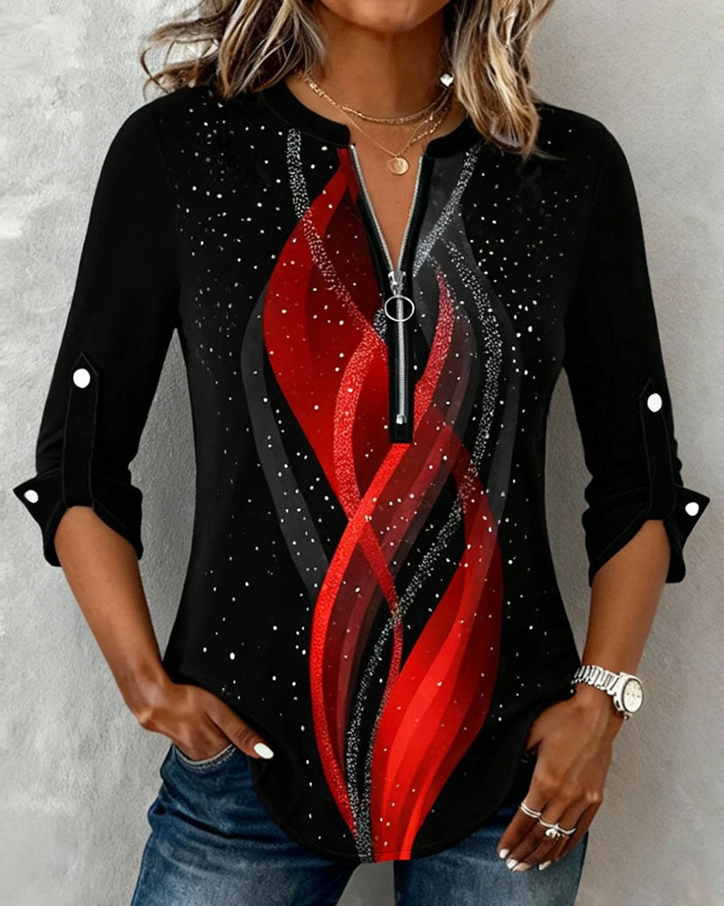 Långärmad Tryckt Topp Med Halvblix