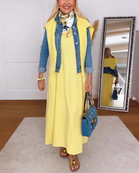 Klänning Casual Rund Halsringning Enfärgad Rät