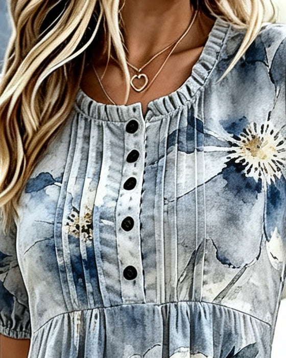 Klänning Ruffle Kant Tie-Dye Blommig Midja