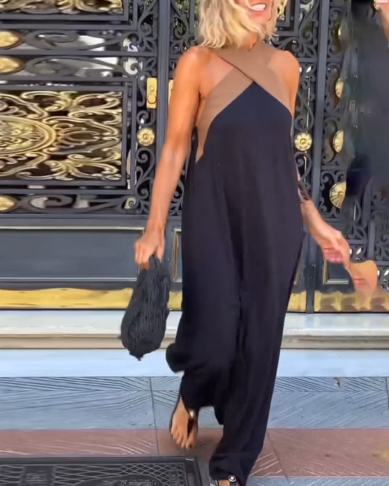 Korsad Rygglös Elegant Klänning Med Kontrastfärg