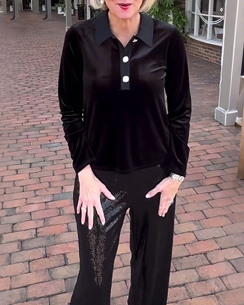 Elegant blus i enfärgad långärmad sammet