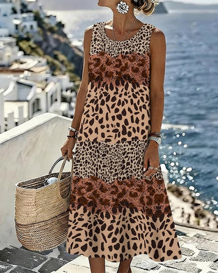 Klänning Färgblock Leopard Tryck Ärmlös Midi