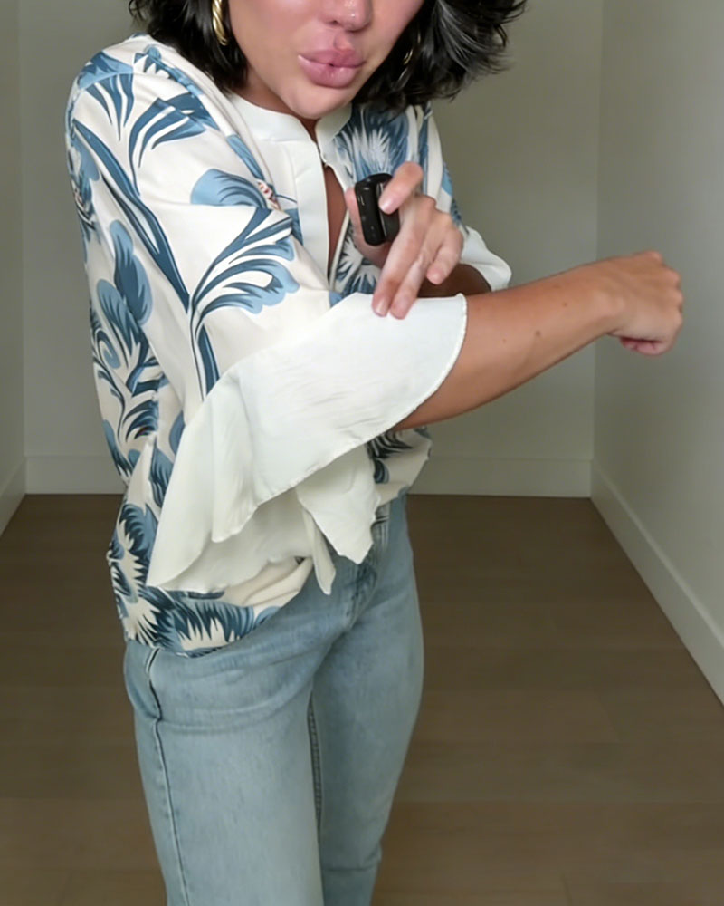 Blus Blommiga Flärmärmade Ärmar