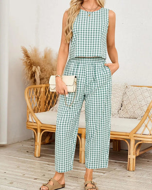 Set Rund Hals Rutig Ärmlös