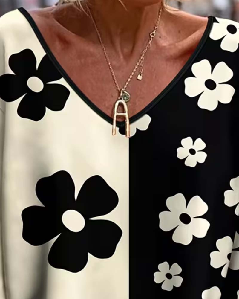 T-Shirt V-Hals Blommig Färgblock Lös