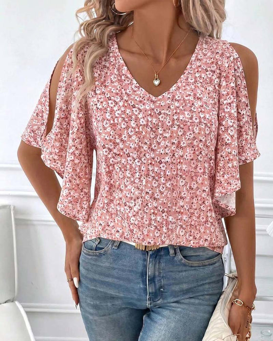 Blus V-Hals Blommig Off-Shoulder Fladder Ärm