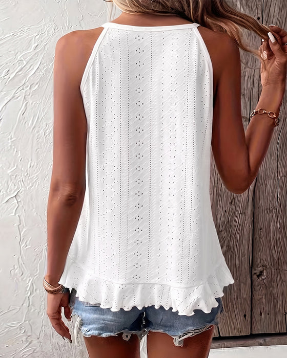 Linne Topp Asymmetrisk Ruffle Rund Hals