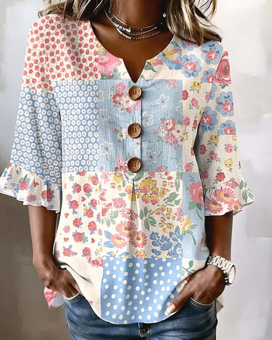 Blus Kortärmad Blommönster Lapptäcke