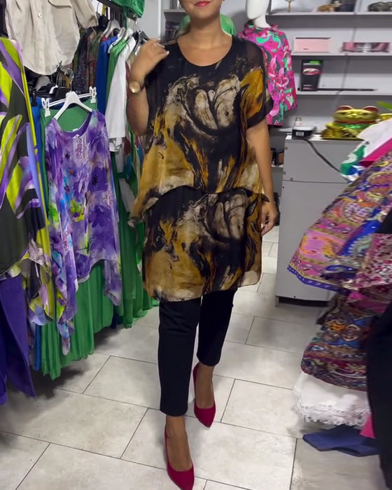 Topp Rund Hals Lös Casual Tryckt