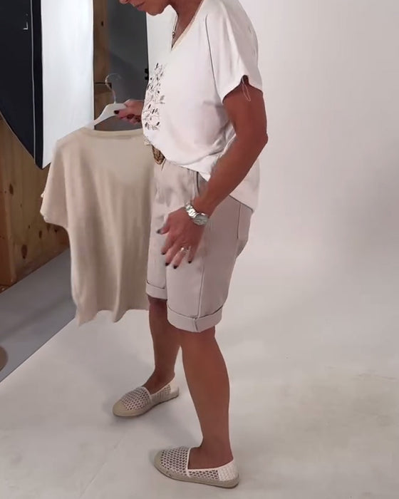 T-Shirt V-Ringad Tryckt Mångsidig