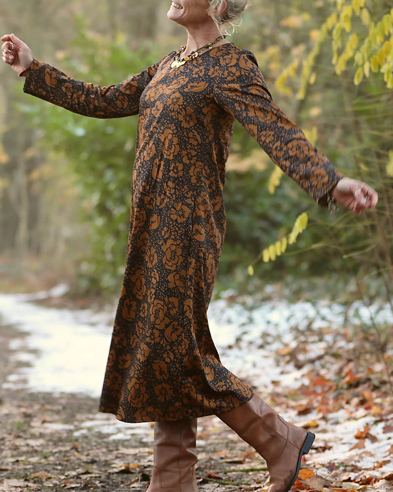 Klänning Blommigt Mönster Rund Hals Lös Passform