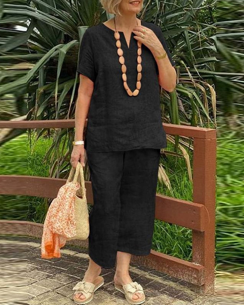 Tvådelade Set Kortärmad Skjorta Resår Midja Cropped Byxor