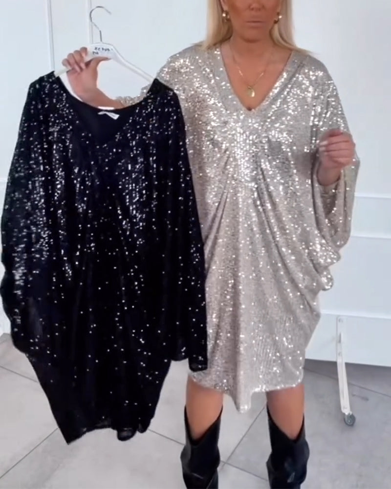 Lös V-Ringad Klänning Med Batwing-Ärmar