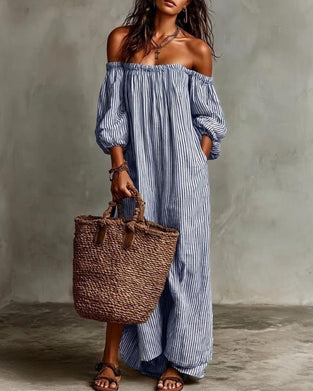 Klänning Löst Off-Shoulder Randig