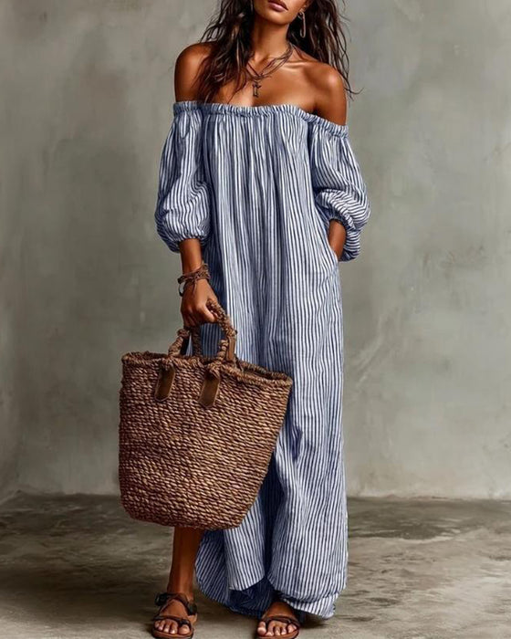 Klänning Löst Off-Shoulder Randig
