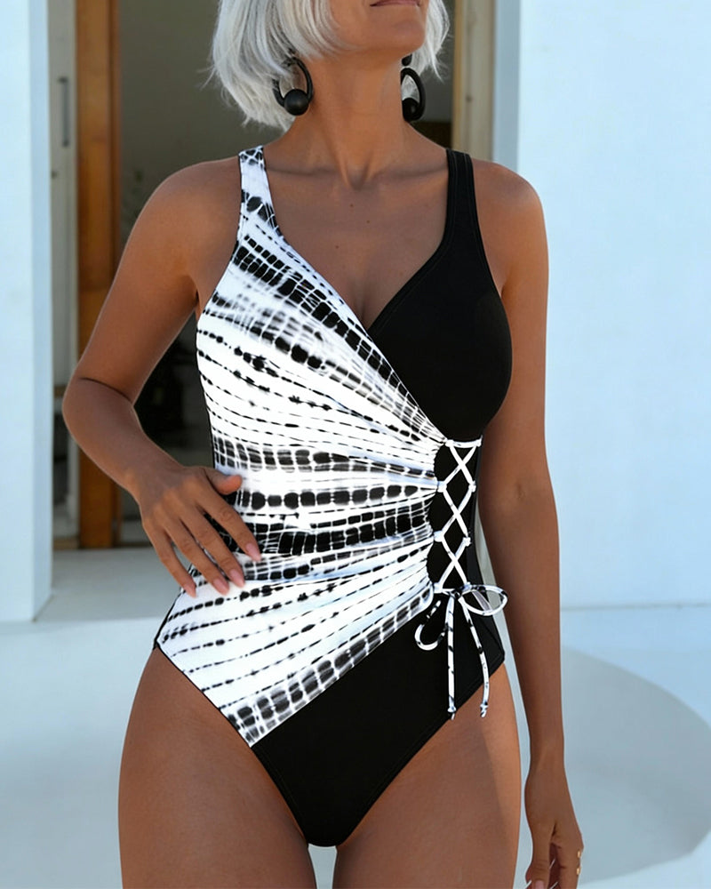 En-Delad Badkläder Färgblock Prickig