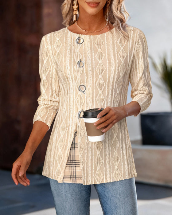 Topp I Rutig Patchwork Med Rund Halsringning