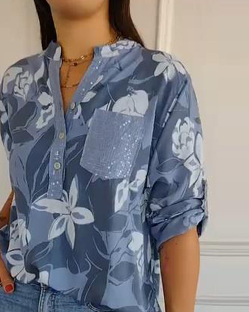 Blus Knappningskrage Paljett Färgblockad