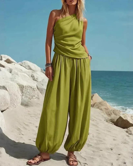 Set Enaxlad Tank Top Hög Midja Byxor