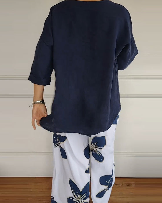 Set Rund Hals Casual Tryckta Byxor