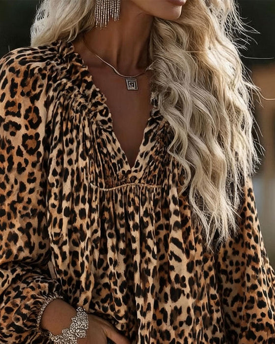 Blus V-Hals Leopard Tryck Rynkad Puffärm