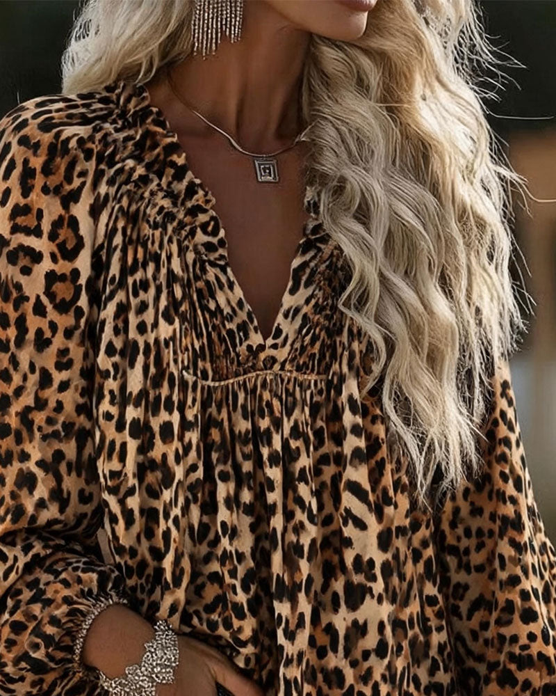 Blus V-Hals Leopard Tryck Rynkad Puffärm