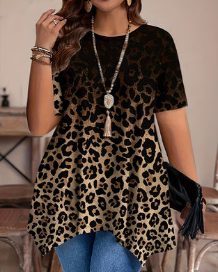 T-Shirt Gradient Leopard Tryck Asymmetrisk