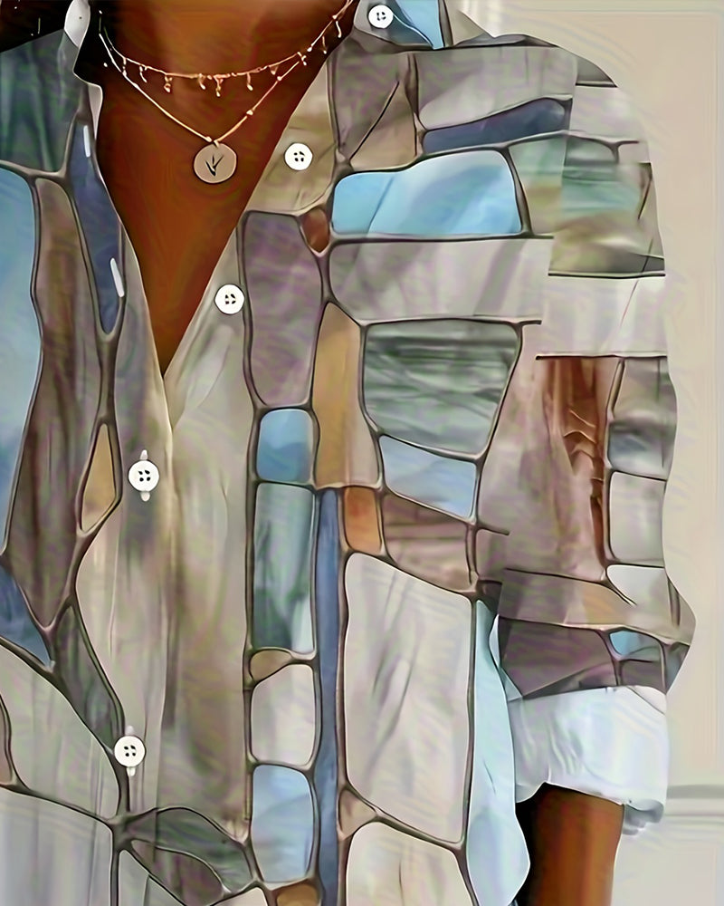 Blus Konstnärligt Stenmönster Långärmad