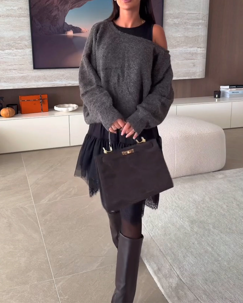 Avaxlad Lössittande Tröja & Spetsfåll Klänning