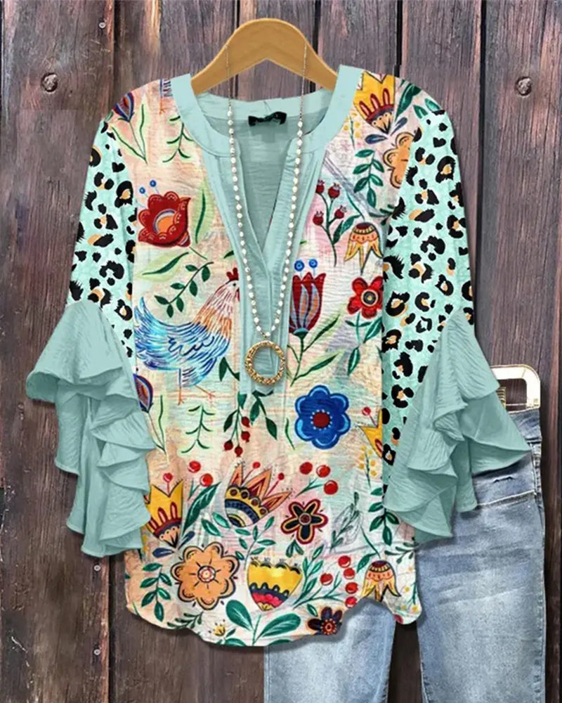 Blus Leopard Blommigt Print Rynkad Ärm