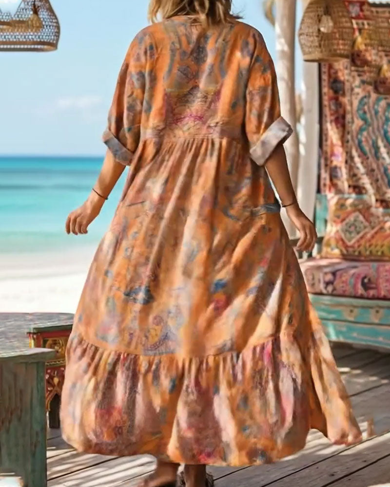 Klänning Retro Blommigt Tryck V-ringning Maxi