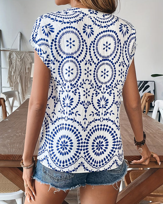 Blus Casual Tryck V-Hals