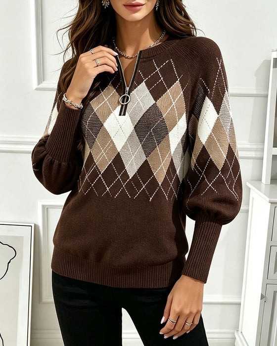 Tröja Rutmönster Jacquard Halv-Zip Lykta Ärm