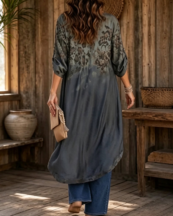 Blus Runt Hals Leopard Tryck Gradient Asymmetrisk