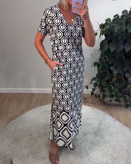 Klänning V-Ringning Geometrisk Kortärmad