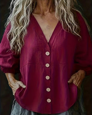 Blus V-Ringning Casual Knappning Ner