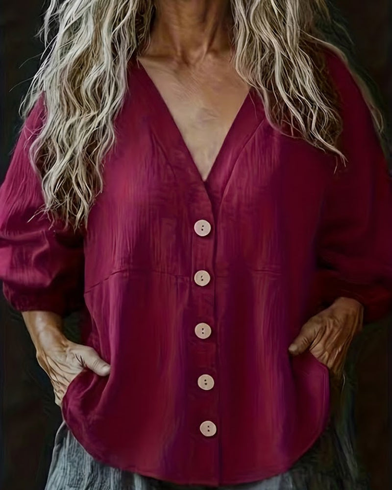 Blus V-Ringning Casual Knappning Ner