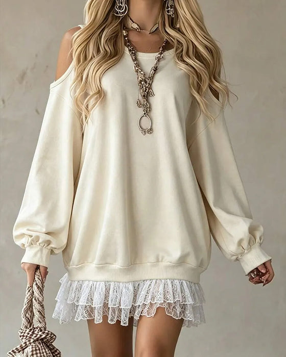 Klänning Cold Shoulder Lyktskärmsärm Spets Patchwork