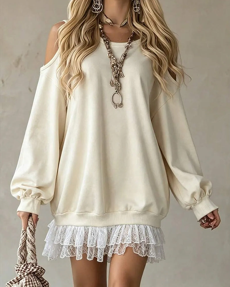Klänning Cold Shoulder Lyktskärmsärm Spets Patchwork
