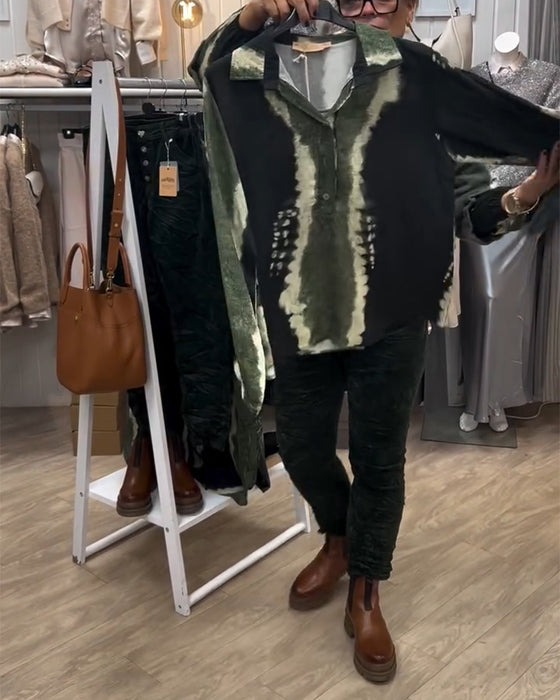 Skjorta Lapel Retro Color Block Långärmad