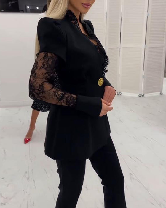 Blazer Med Spets Panel Detalj, Strukturerad Passform Och Elegant Stämning