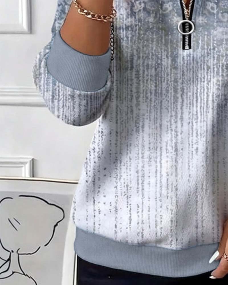 Tröja Med Zipsnurra Detalj, Retro Tryck Design Och Casual Stämning