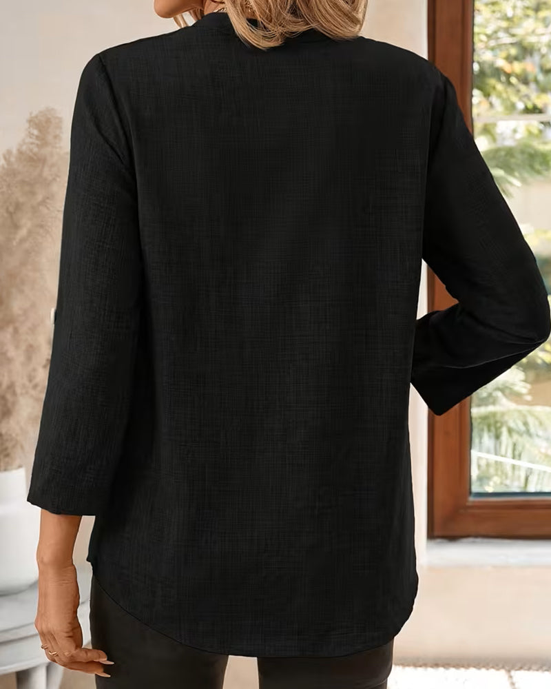 Blus V-Hals Enfärgad Långärmad Fick