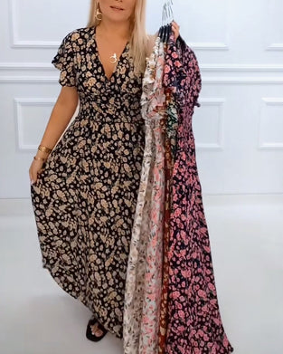 Klänning avslappnad blommig v-ringad