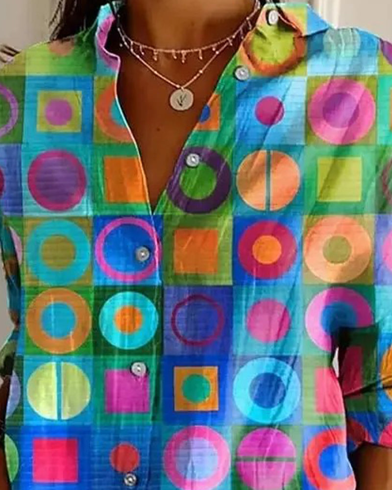 Skjorta Färgglad Geometriskt Mönster Lång Ärm
