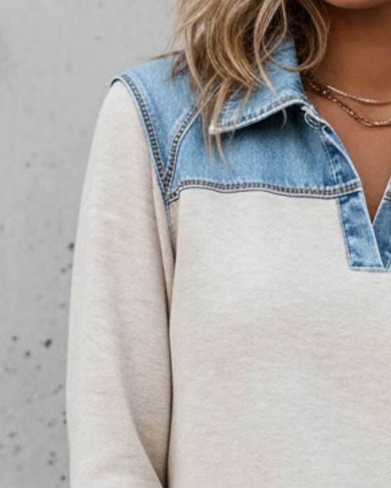 Sweatshirt Modig Krage Färgblock Hopfogad