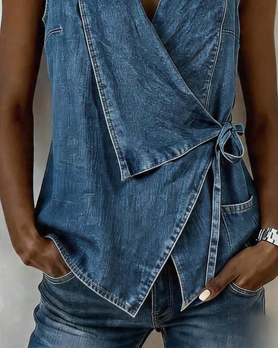 Topp Vintage Denim Ärmlös Lindad