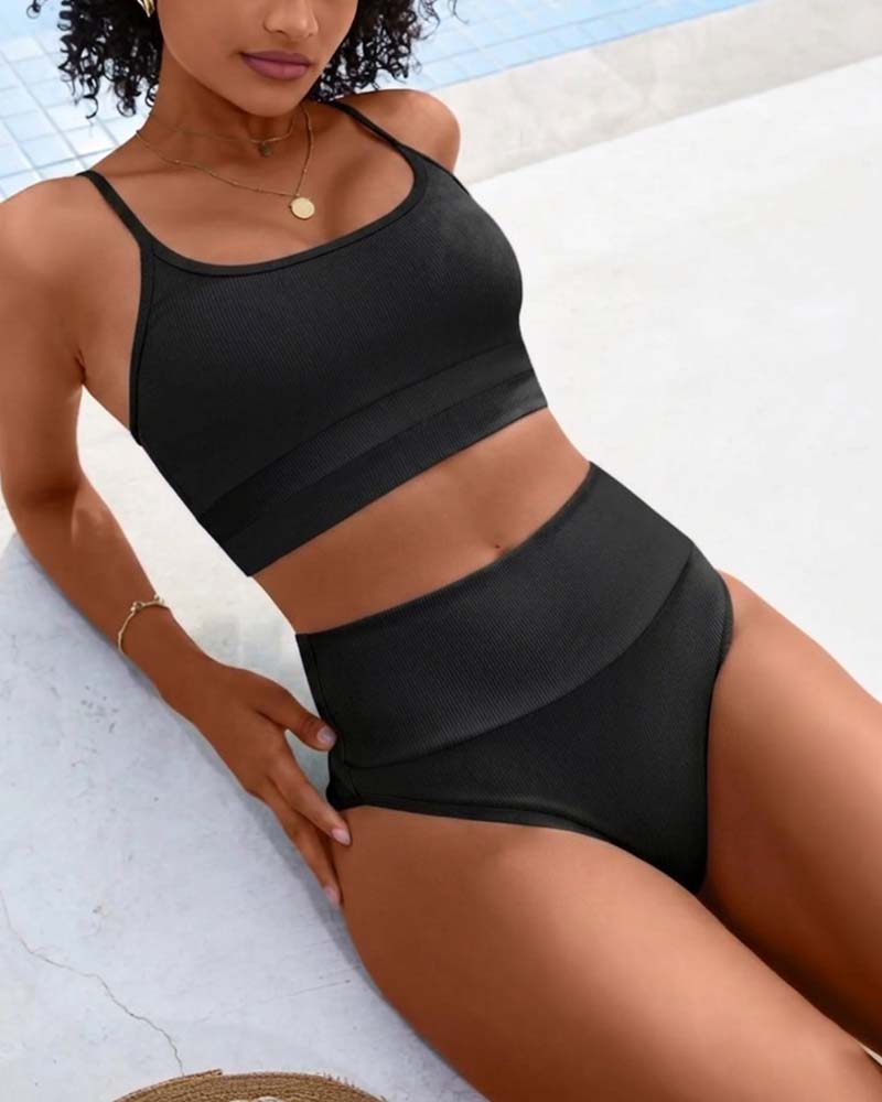 Bikini Solid U Hals Hög Midja