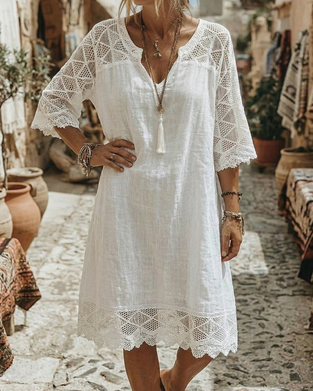 Klänning V-ringning Spets Patchwork Casual