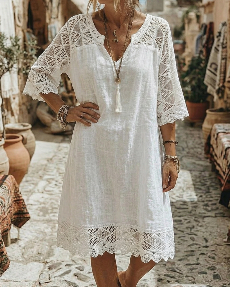 Klänning V-ringning Spets Patchwork Casual